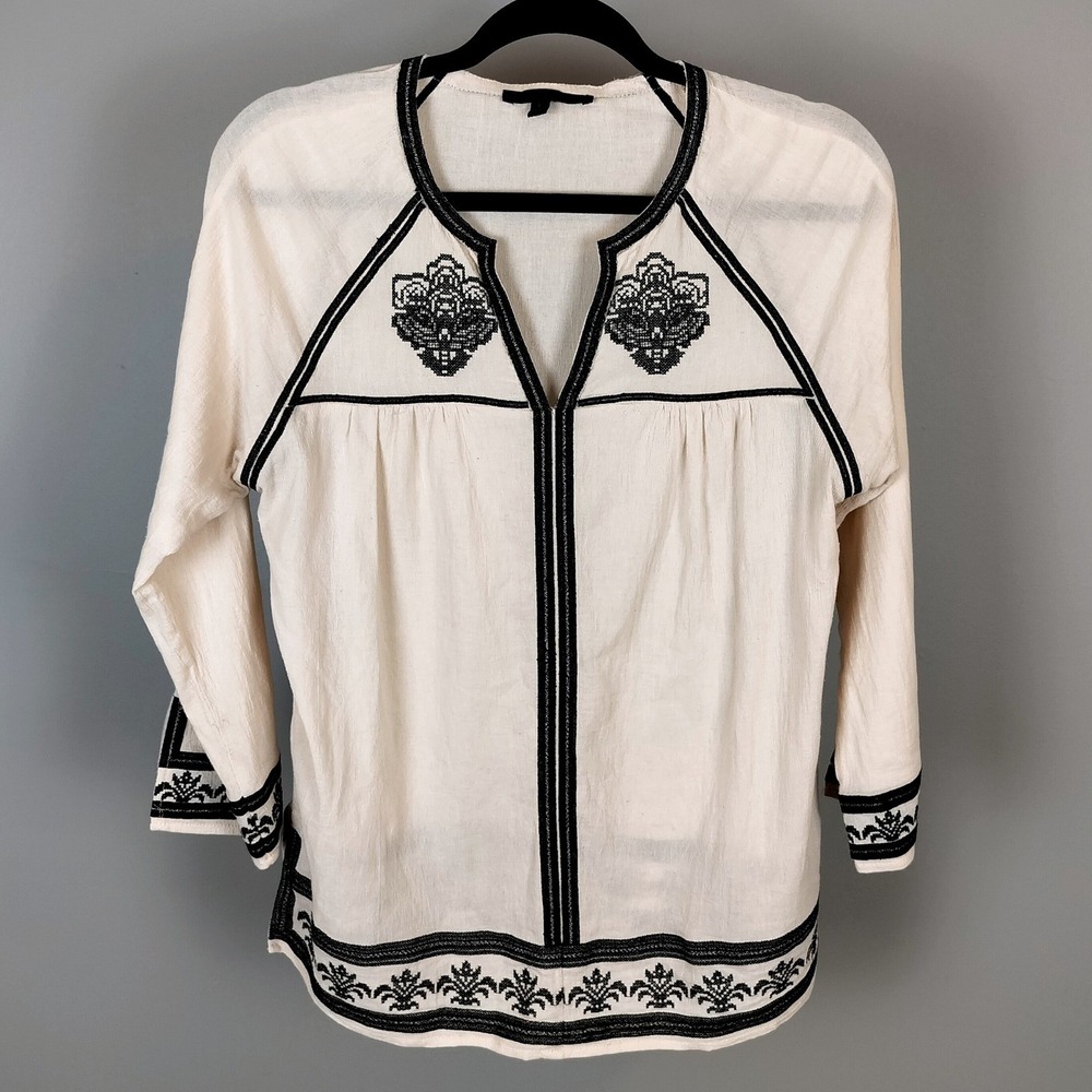 Arynk Cotton Embroidered Peasant Top Womens Small Cream Black Boho Gauze Blouse